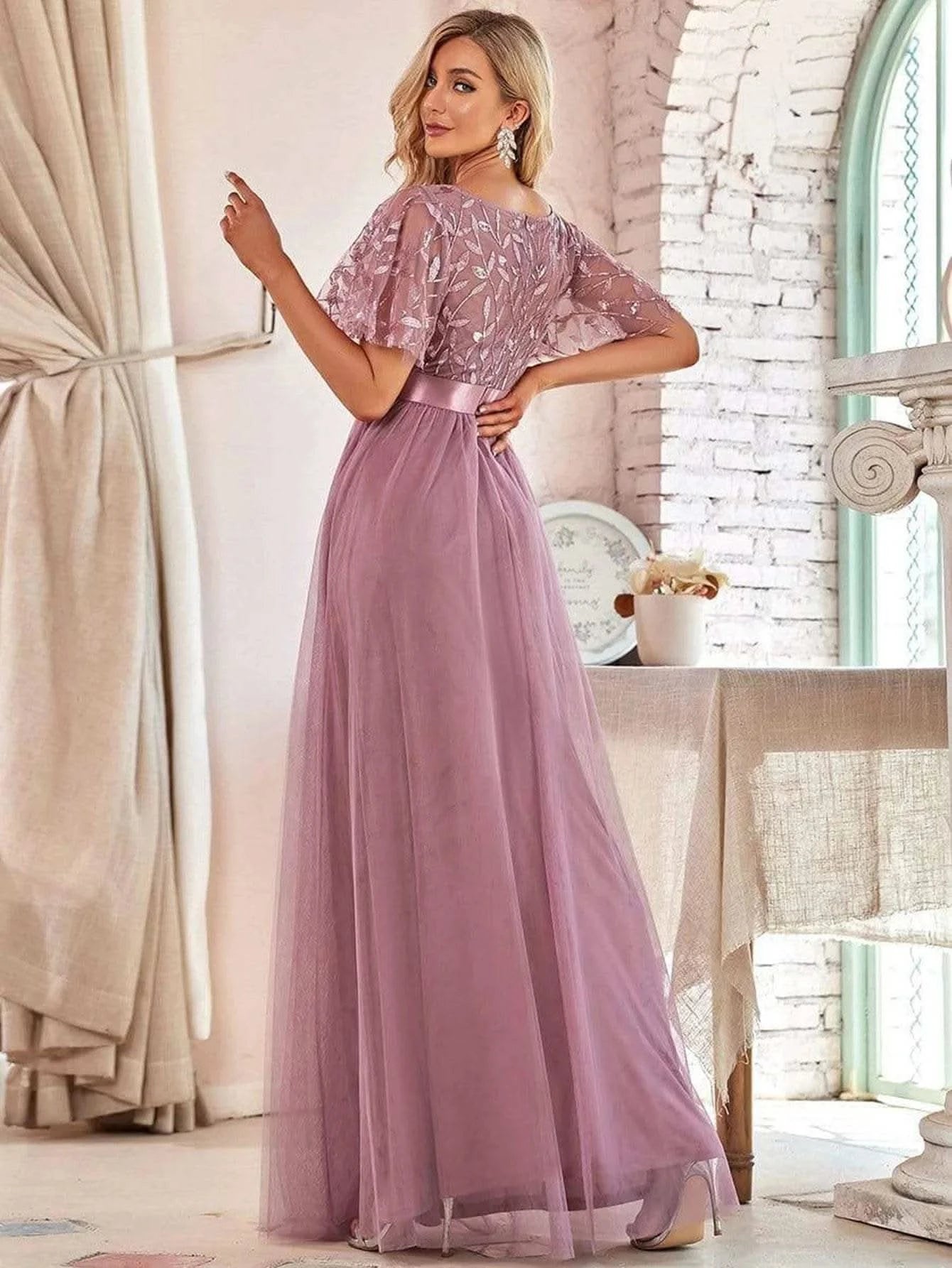 2023 New Women's Burgundy A-Line Sequin Mesh Leaf Maxi Prom Dress Sparkle Evening Dresses O-Neck Short Sleeve Long Dress - M & M Global
