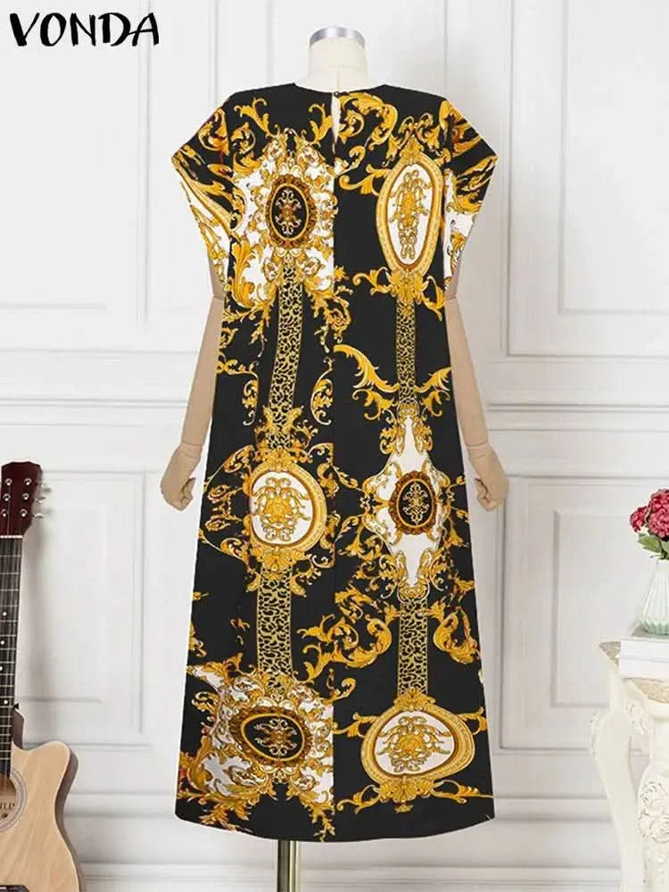 VONDA Plus Size 5XL Elegant Maxi Long Dress 2024 Fashion Satin Dress Sexy Printed Patchwork Bat-wing Sleeve Vestidos Ruffle Robe - M & M Global