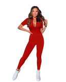 New Autumn and Winter 2025 Short Sleeve V Neck  Bodycon Jumpsuit Full Lengt Rompers Women Jumpsuits