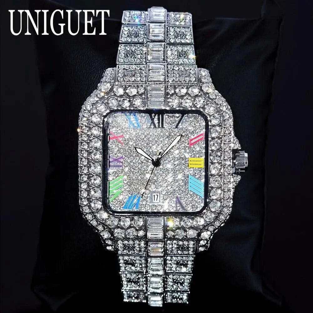 2025 UNIGUET Luxury Diamond Watch For Men With Rainbow Dial Calendar Quartz Watches Fashion Hip Hop Iced Out Wristwatch Man Gift - M & M Global