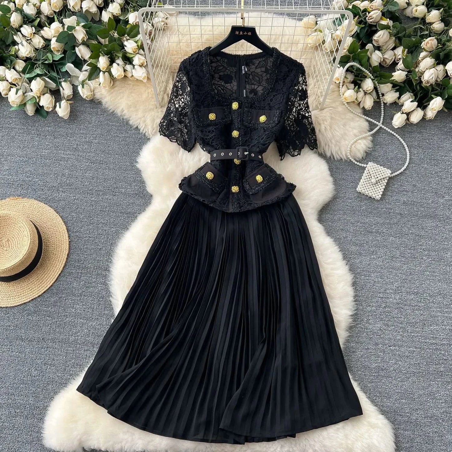 Designer 2025 Summer Pleated Chiffon Lace Long Dress Women Flower Embroidery Gold Button Belt Evening Party Dresses Wedding Robe - M & M Global