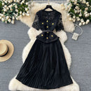 Designer 2025 Summer Pleated Chiffon Lace Long Dress Women Flower Embroidery Gold Button Belt Evening Party Dresses Wedding Robe - M & M Global