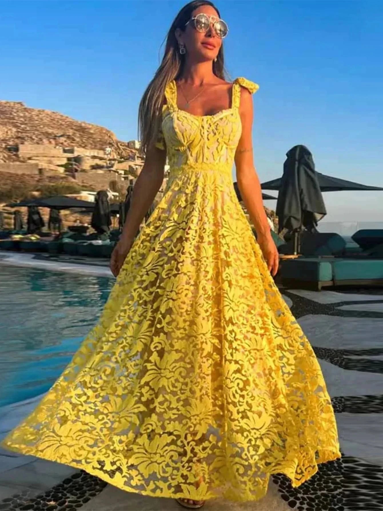 Sexy Lace Jacquard See Through Women Dress Sleeveless Tie Up Backless lace Long Dress Summer Party Ladies Bandage Party Dress - M & M Global