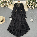 Purple/Brown/Red Chiffon Pleated Long Dress Women Vintage V-Neck Flare Sleeve Draped Ruffle Vestido Female Maxi Robe Spring Fall - M & M Global