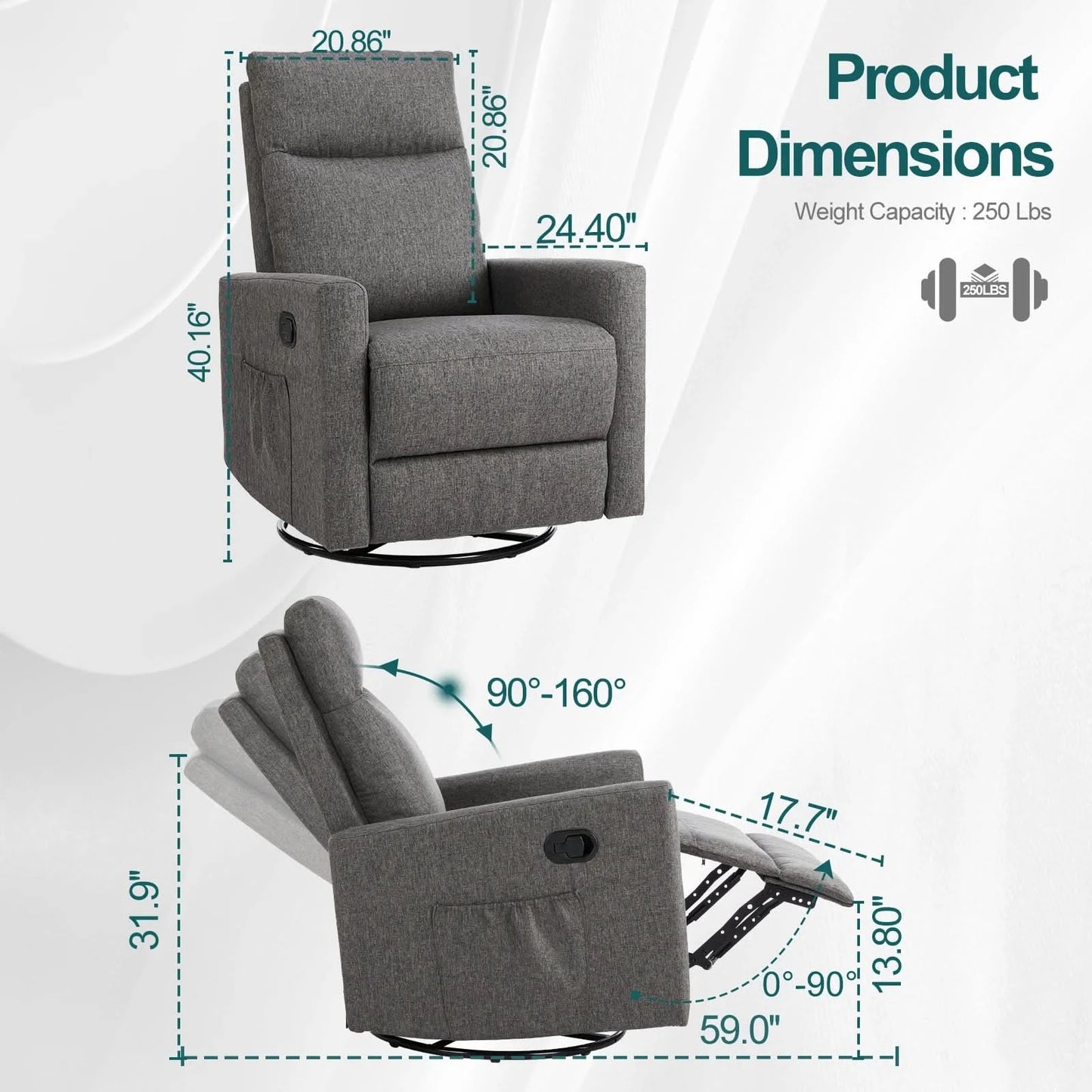 JHK Swivel Rocking Living Room Sofa Manual Upholstered Seating Recliner Angle Adjustable with Extra Large Footrest for Bedroom
