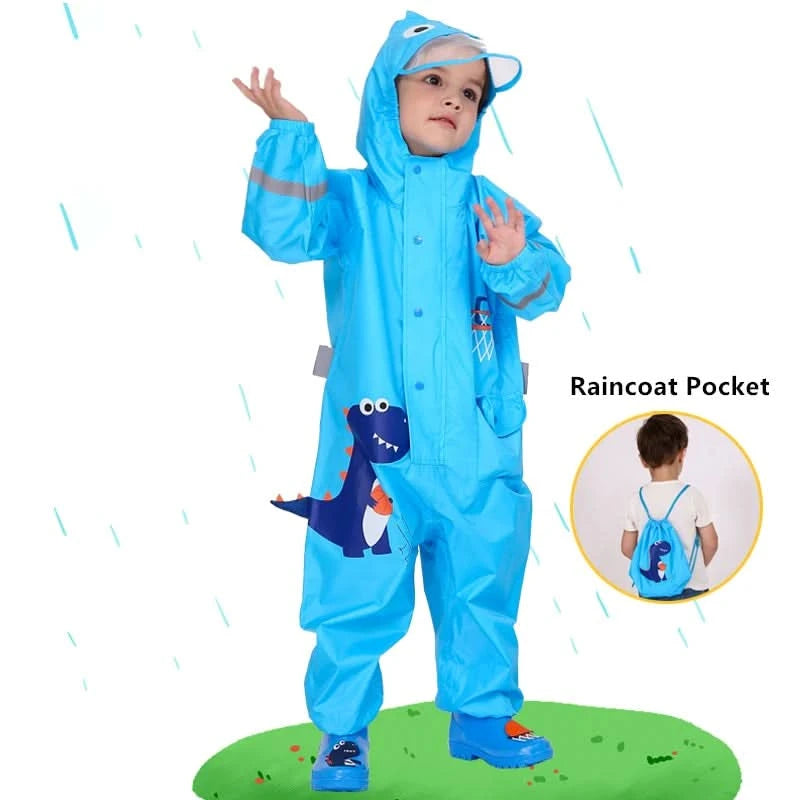 Children Rainwear And Rain Pants Sets Kids Boys Girls Waterproof Jumpsuit Hooded One-Piece Cartoon Dinosaur Waterproof Baby Suit - M & M Global