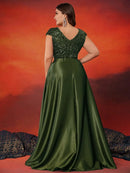 Plus Size Elegant V-Neck Red Sequins Evening Dress Long Luxury Women Satin Sleevesless Party Prom Cocktail Gowns