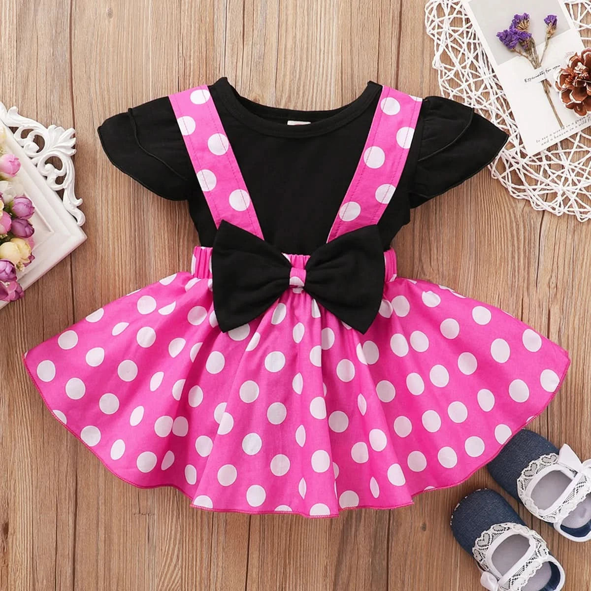 Toddler 1-5 Year Old Girl Round Neck Flying Sleeve Top+Dot Bow Strap Skirt Piece Suitable for Travel and Travel Girl Summer Set - M & M Global