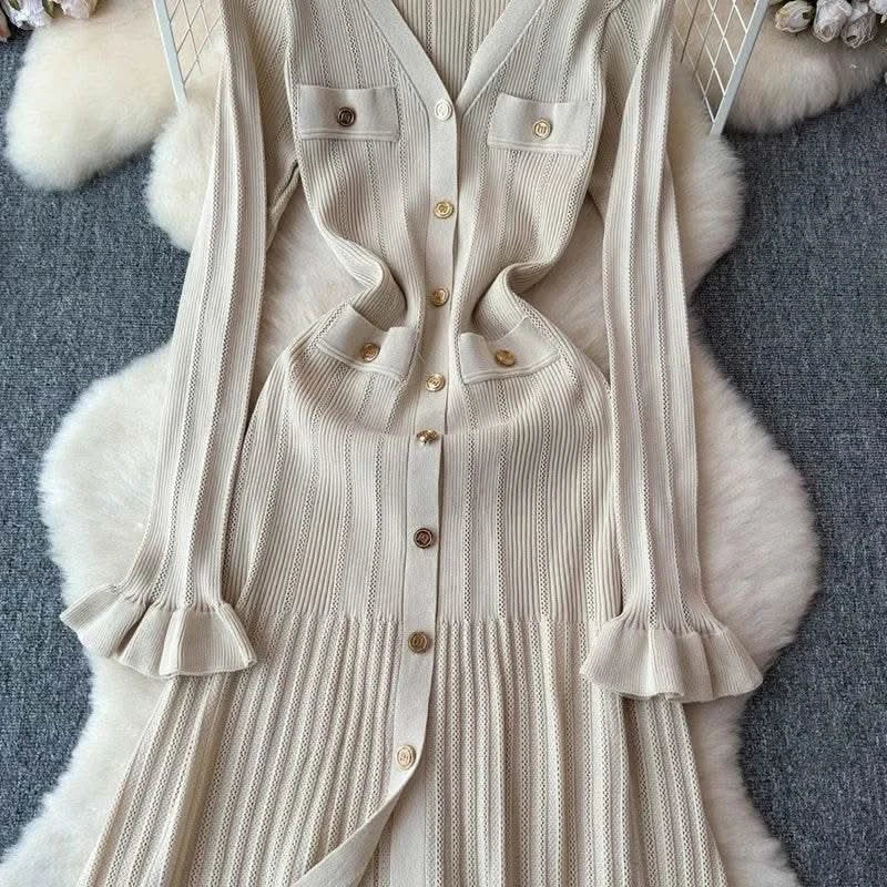 2024 Green Fashion Autumn Winter Knitted Long Dress French Style Letter Buttons Elegant Sweater Dress Lady Office Bodycon - M & M Global