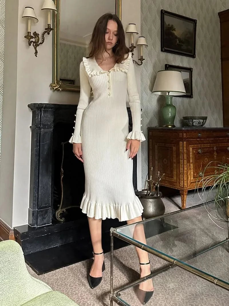 TARUXY High Waist Ruffled Maxi Dresses For Women Autumn Winter Knitted Slim Long Dress Women's Vintage Dress Woman Retro Elegant - M & M Global