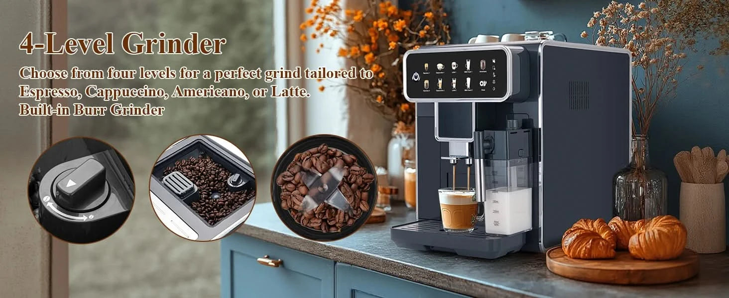 Fully Automatic Coffee Maker with Built-in 3-Level Grinder Expresso/Cappuccino/Latte/Americano Coffee Machines with Self-Cleanin - M & M Global