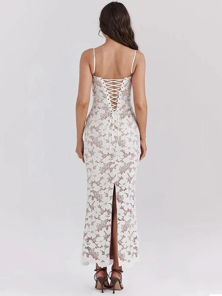 Mozision Floral Embroidery Sexy Maxi Dress For Women Fashion Spaghetti Strap Sleeveless Backless Lace-up Club Party Long Dress - M & M Global