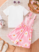 Summer Casual White T-Shirt for Girls with Daisy Print Suspenders Short Sleeve Fashion Comfortable Kids Set