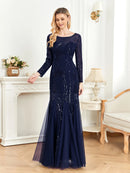 Elegant Long Sleeves Sequin Tulle Evening Dresses 2025 Women Luxury Mermaid Formal Bridesmaid Party Maxi Prom Dress