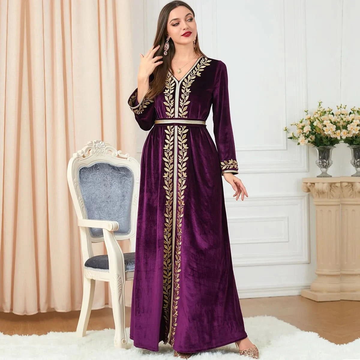 Ramadan Luxury Muslim Fashion Bat Sleeve Moroccan Turkiye Dubai Dress Middle East Arab Dress Sequins Golden Velvet Long Dress - M & M Global