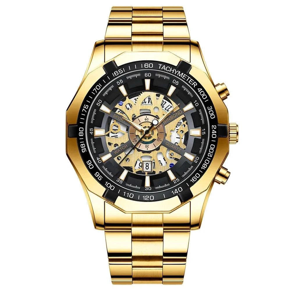BINBOND Mens Quartz Watches Top Brand Luxury Stainless Steel Waterproof Hollow Out Blue Big Male Wristwatches Relogio Masculino - M & M Global