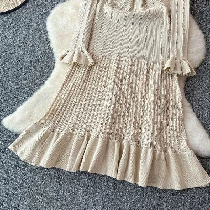 2024 Green Fashion Autumn Winter Knitted Long Dress French Style Letter Buttons Elegant Sweater Dress Lady Office Bodycon - M & M Global
