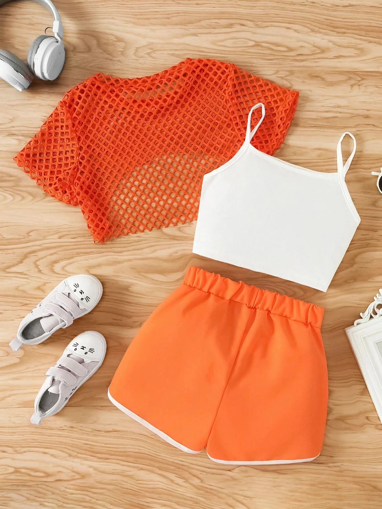Girls Three-Piece Clothing New Breathable Summer Thin Fashion Short-Sleeved Mesh Top + Letter Printed Short Vest Suspender + Letter Printed Sports Shorts - M & M Global