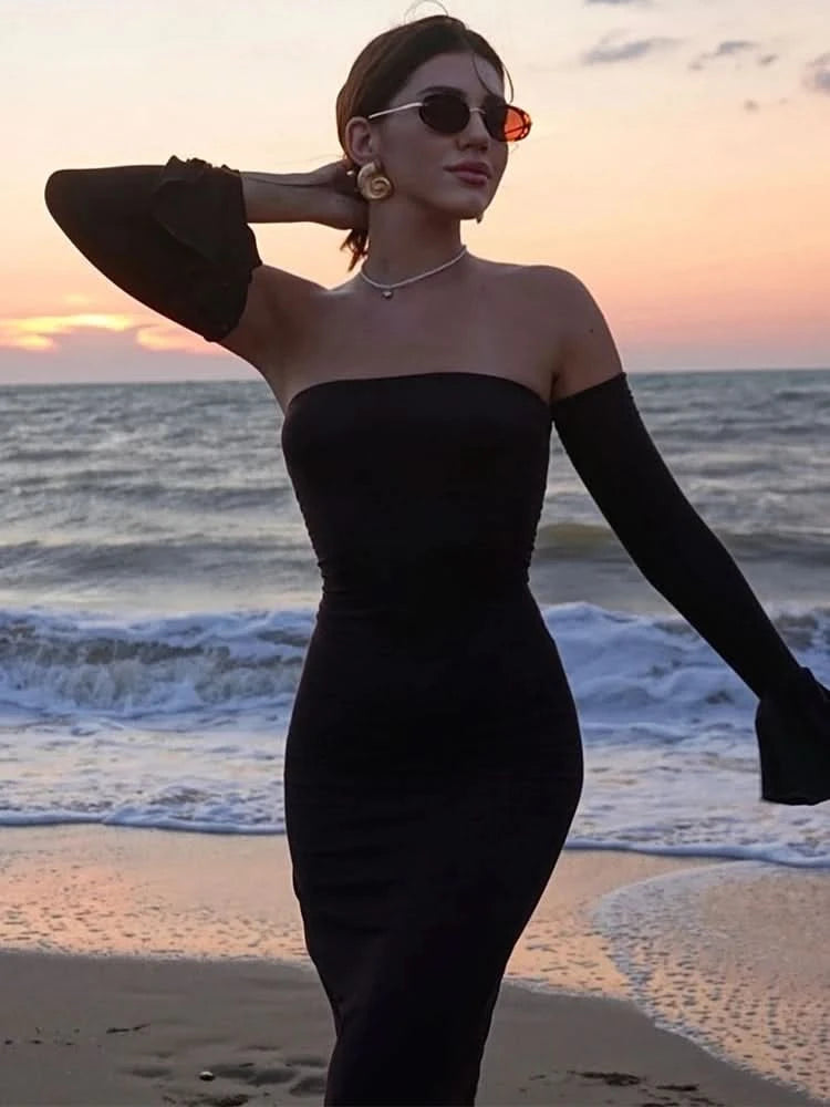 Trendix Black Elegant Evening Dress Women Sexy Off Shoulder Slim High Waist Tube Dresses Beach Party Ruffle Backless Long Dress - M & M Global