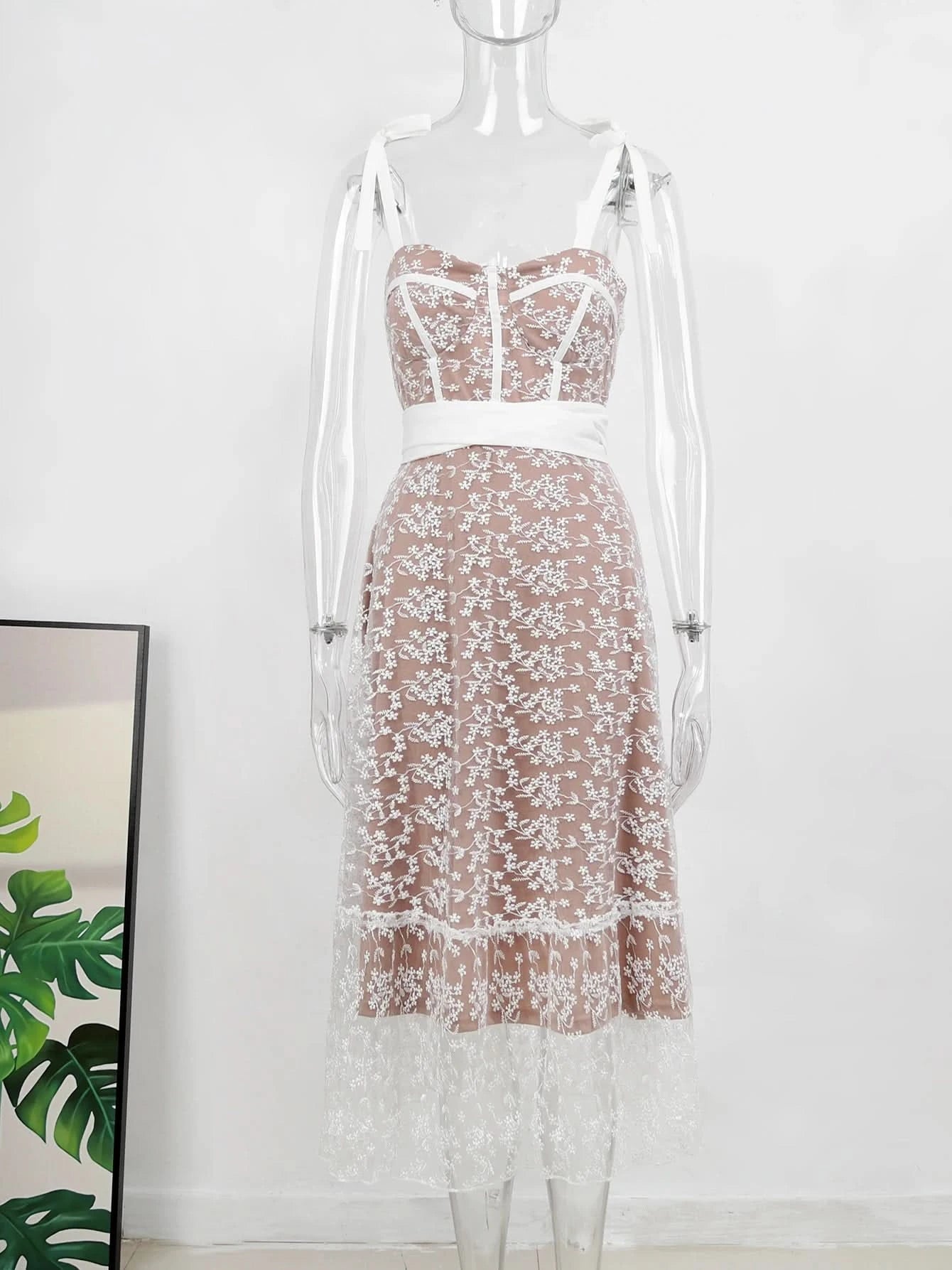 Sexy Lace Jacquard See Through Women Dress Sleeveless Tie Up Backless lace Long Dress Summer Party Ladies Bandage Party Dress - M & M Global