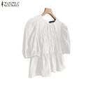 ZANZEA Women Summer Tops Short Sleeve Blouse 2025 Casual Solid Color Tunic Female Ruffled Round Neck Pleated Blusas Oversized