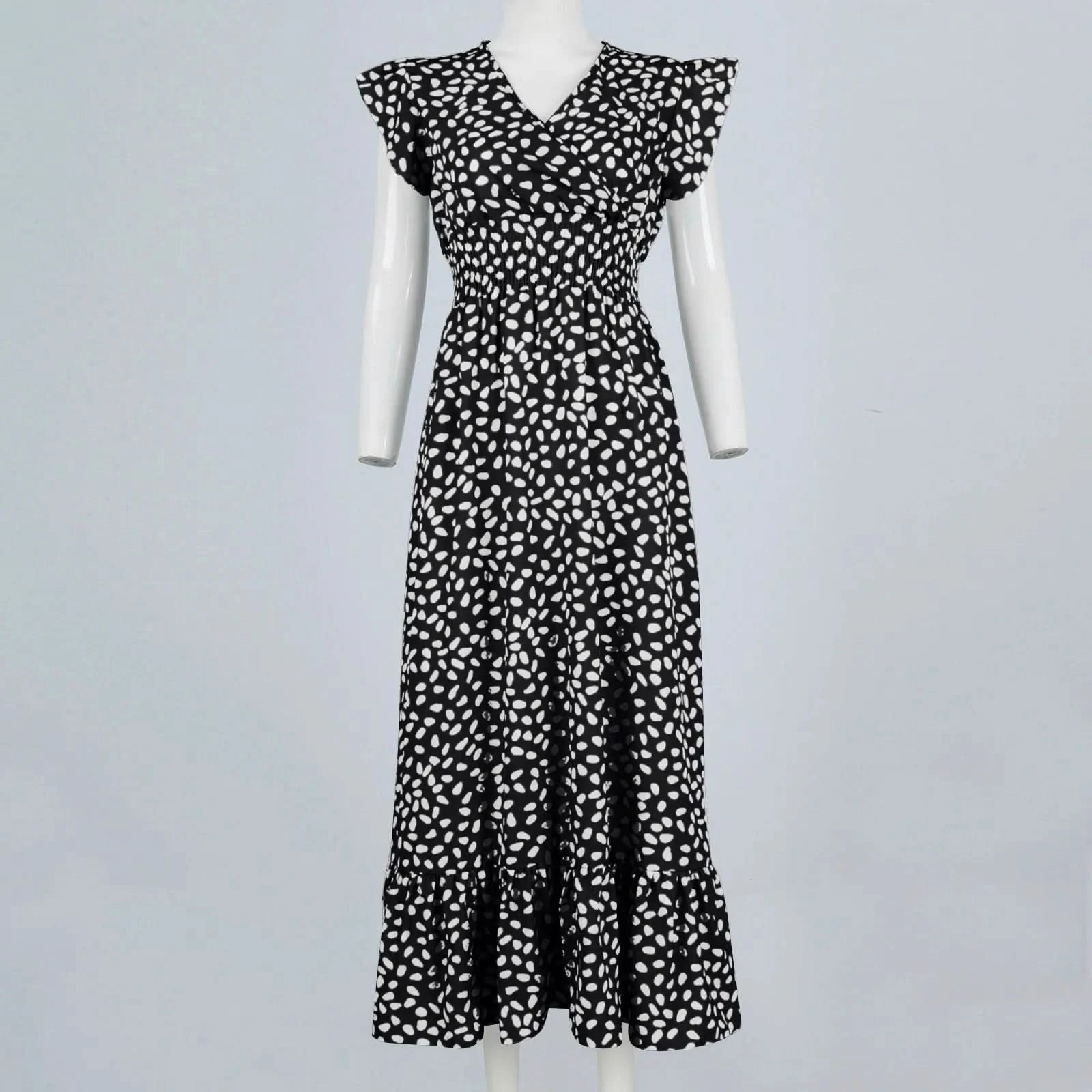 Polka Dot Dress For Women Sexy V-Neck Long Dress Casual And Fashionable Ruffle Edge Short Sleeved High Waisted Dress - M & M Global