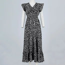 Polka Dot Dress For Women Sexy V-Neck Long Dress Casual And Fashionable Ruffle Edge Short Sleeved High Waisted Dress - M & M Global