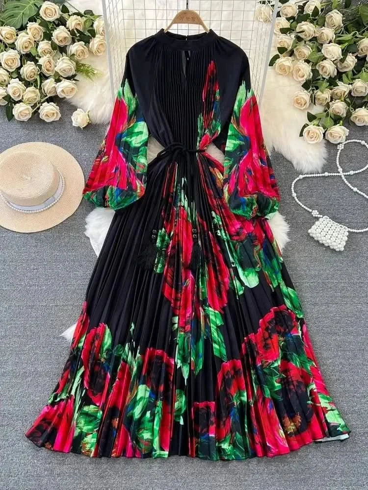 Spring Holiday Print Long Dress For Women Fashion Loose Lantern Sleeve Party Robe Female Big Swing Tassels Belt Pleated Clothes - M & M Global