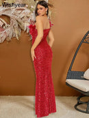 New Luxury Sequined Feather One Shoulder Sleeveless Slanted Collar Backless Purple Long Dress  Women Birthday Party Event Gowns - M & M Global