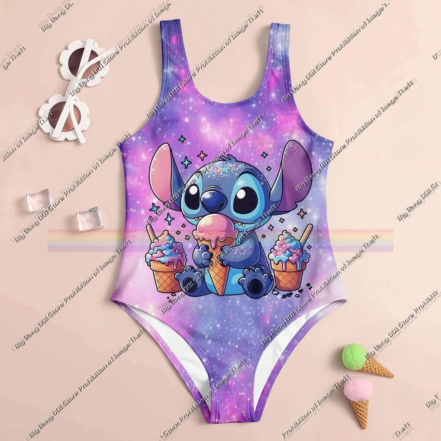 Stitch Cartoon Miniso 2025 Summer 3D Printing Kids Clothing Swimsuit Girls Boys Two Piece Bikini Set Beach Party Essential - M & M Global