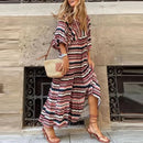 Summer Puff Sleeve Long Dress Women Geometric Print Half Sleeve Dress Boho V-Neck Loose Holiday Beach Dress Vestidos - M & M Global