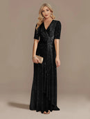 Luxury Floor Length V-Neck Evening Dress 2025 Women Elegant Party Maxi Dress Sequin Short Sleeves Prom Cocktail Gowns