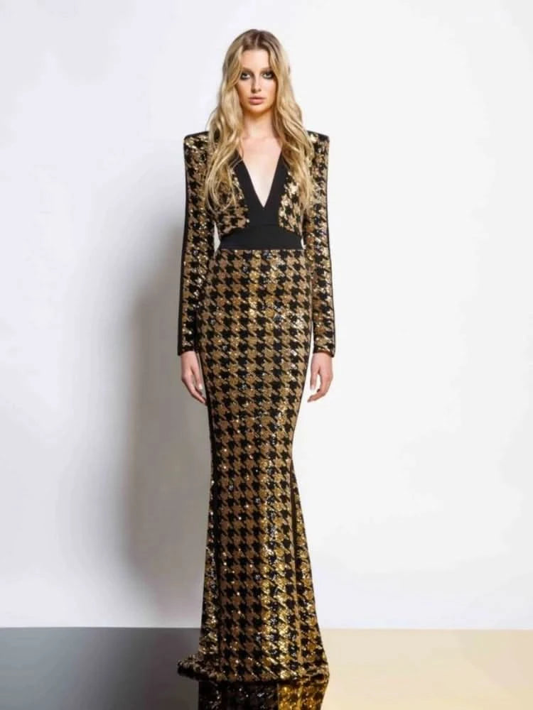 Sexy V Neck Bird Lattice Sequins Maxi Dress Women Black Gold Sequin Long Sleeves Bocycon Long Dress Runway Evening Party Gown - M & M Global