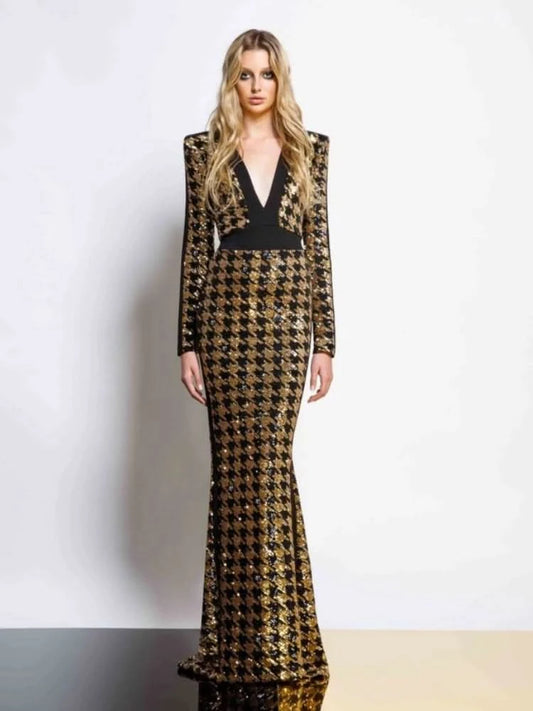 Sexy V Neck Bird Lattice Sequins Maxi Dress Women Black Gold Sequin Long Sleeves Bocycon Long Dress Runway Evening Party Gown - M & M Global