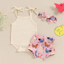 Toddler Girl 3 Piece Summer Set Floral Print Sleeveless Romper with Ruffle Trim Denim Shorts Bow Headband Outfit - M & M Global