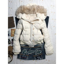American New Winter Unisex Oversized Fur Trim Hooded Padded Coat Navy Blue Preppy Emblem Warm Casual Fashion Jacket