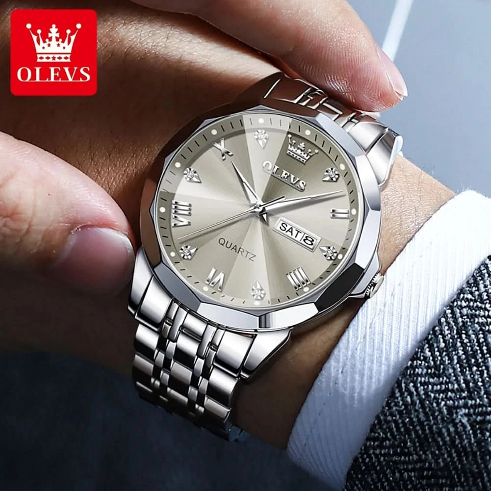 OLEVS Men's Watches Causal Fashion Original Quartz Watch for Man Waterproof Stainless Steel Luminous Date Week Trend Dress Reloj - M & M Global