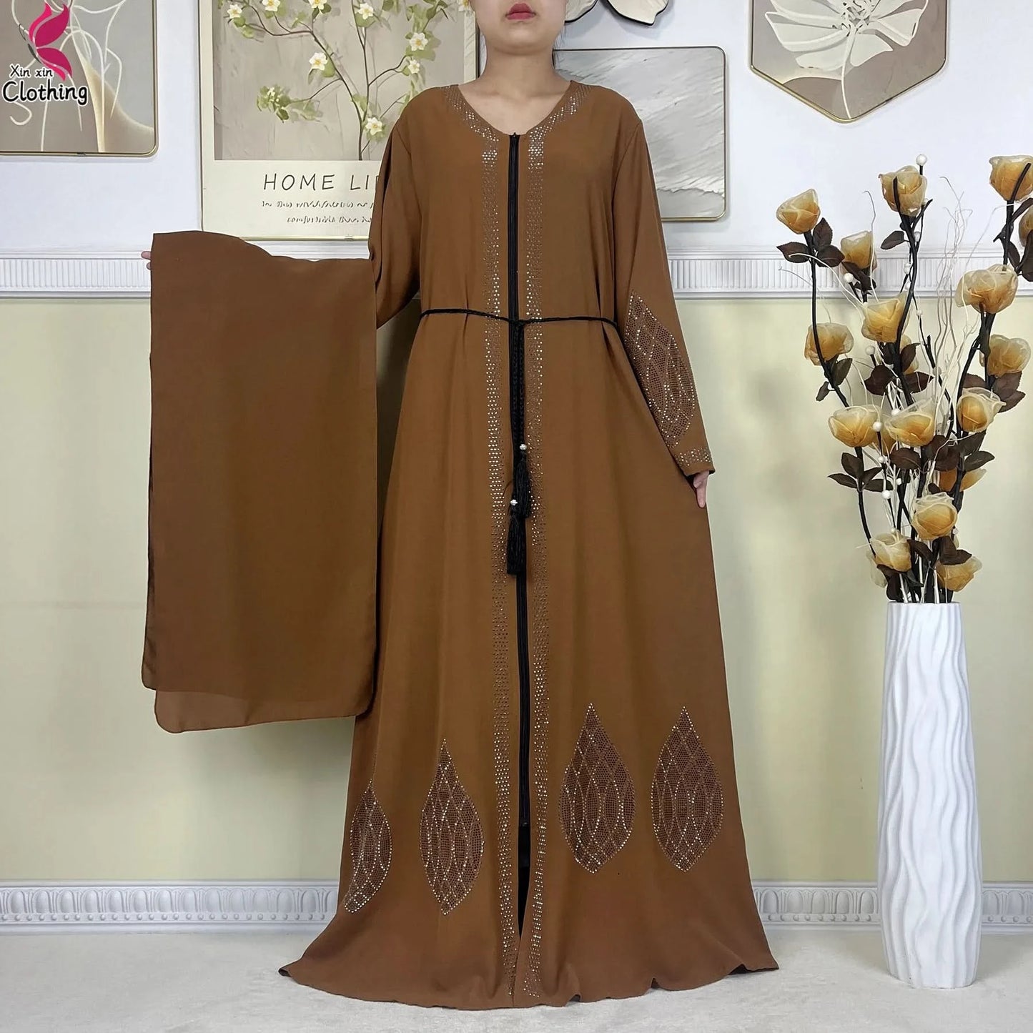 New Muslim Abayas For Women Long Sleeved Dress Dubai Lady Elegant Long Dress Islam Clothing African Abaya Loose Robe With Turban - M & M Global