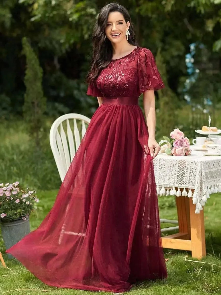 2023 New Women's Burgundy A-Line Sequin Mesh Leaf Maxi Prom Dress Sparkle Evening Dresses O-Neck Short Sleeve Long Dress - M & M Global