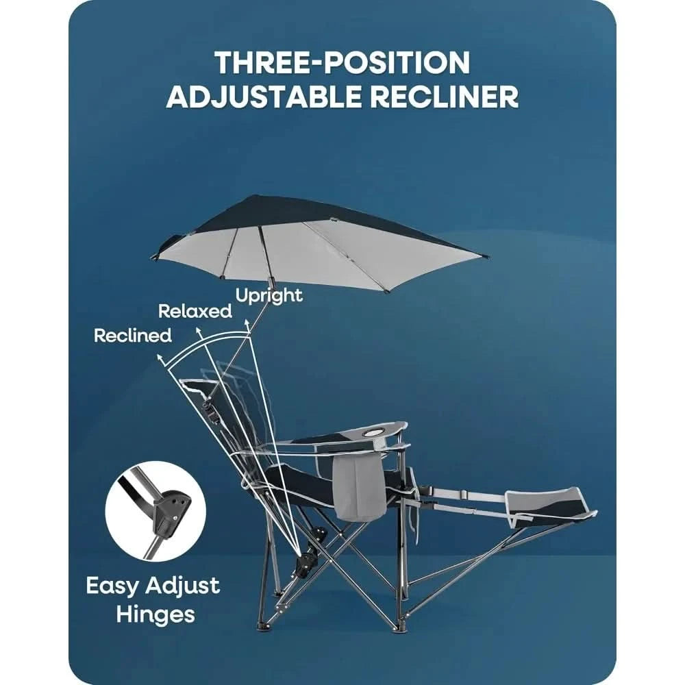 Reclining Beach Chair, 3-position adjustability with detachable detachable footrest lets, swiveling umbrella with UPF50+material