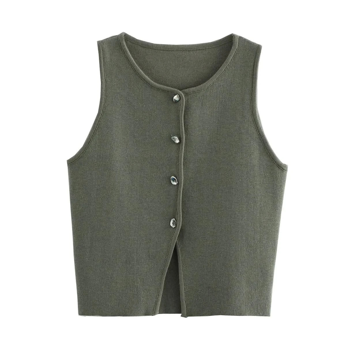 TRAF Pink Knit Sleeveless Vest Women Cropped Sweater Vest Top Women Yellow Button Vests for Women Streetwear Waistcoat Knitwears - M & M Global