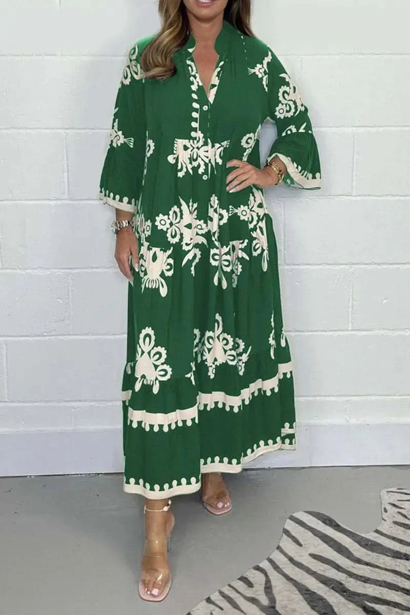 Women's Printed Loose Ethnic Retro Dress Spring Autumn V Neck Button A-Line Long Dress Summer 3/4 Sleeve Bohemian Maxi Dresses - M & M Global