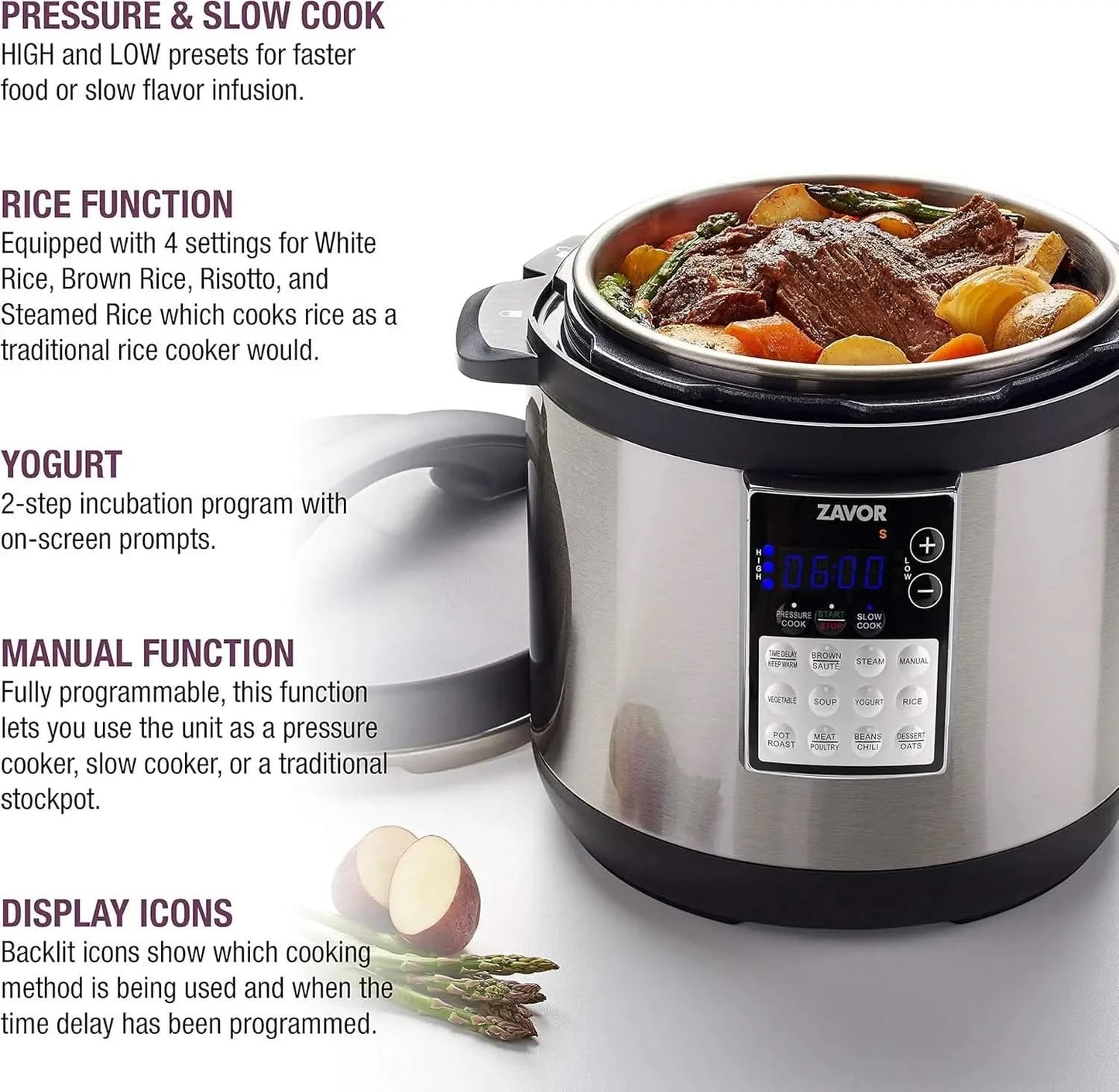 6 Quart Programmable Electric Multi-Cooker: Pressure Cooker, Slow Cooker, Rice Cooker, Yogurt Maker, Steamer and more - Stainles - M & M Global
