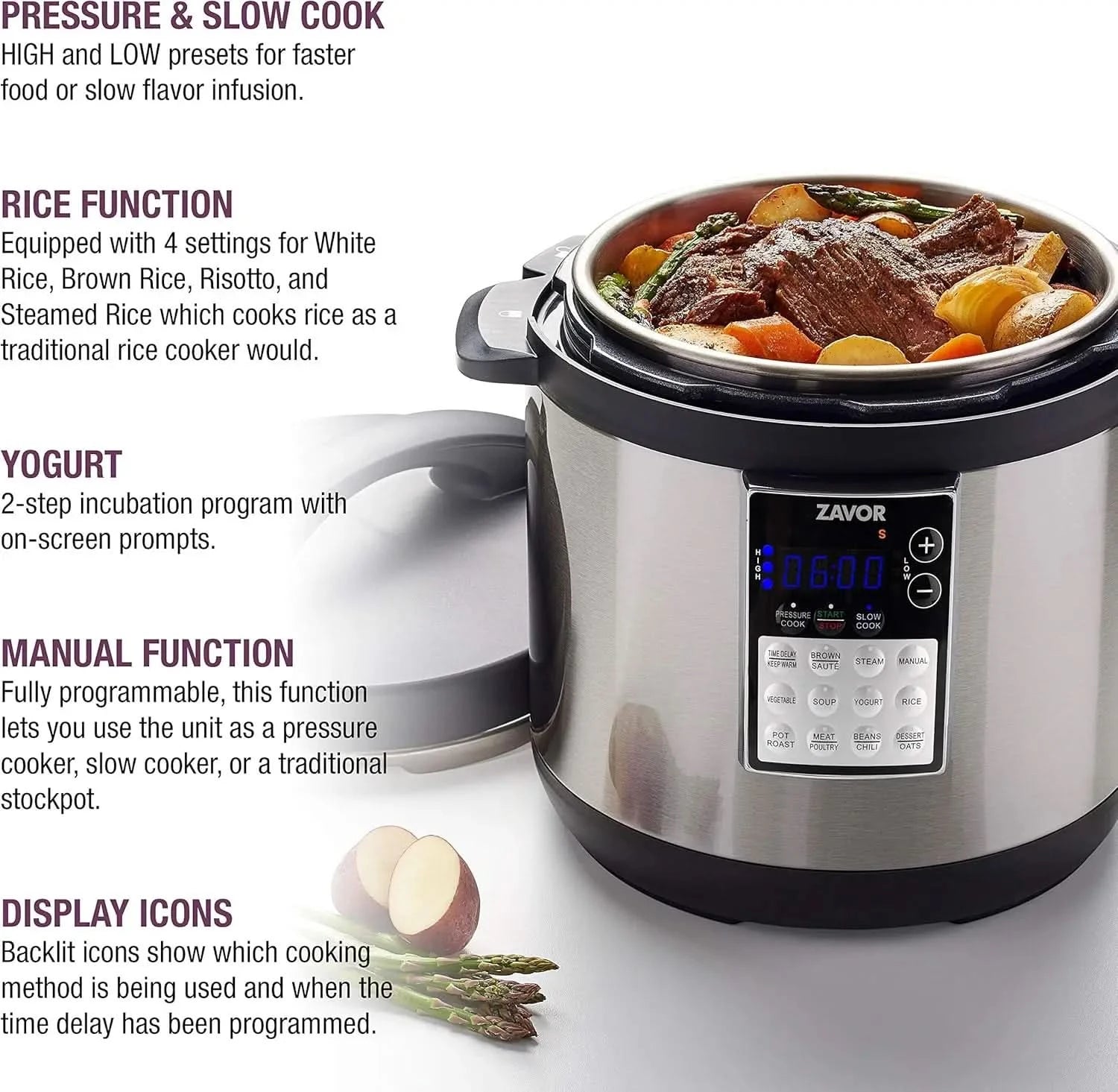 6 Quart Programmable Electric Multi-Cooker: Pressure Cooker, Slow Cooker, Rice Cooker, Yogurt Maker, Steamer and more - Stainles - M & M Global