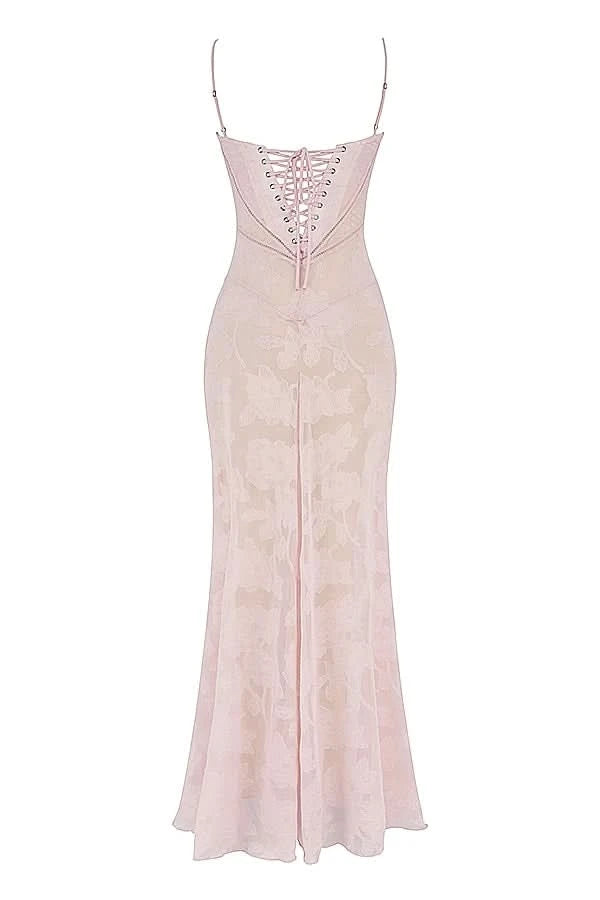 Sexy Lace Jacquard See Through Women Dress Sleeveless Tie Up Backless lace Long Dress Summer Party Ladies Bandage Party Dress - M & M Global