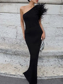 Dulzura Black Sleeveless One Shoulder Maxi Dress For Women Bodycon Sexy Party Elegant Long Dress Birthday Evening Outfit - M & M Global