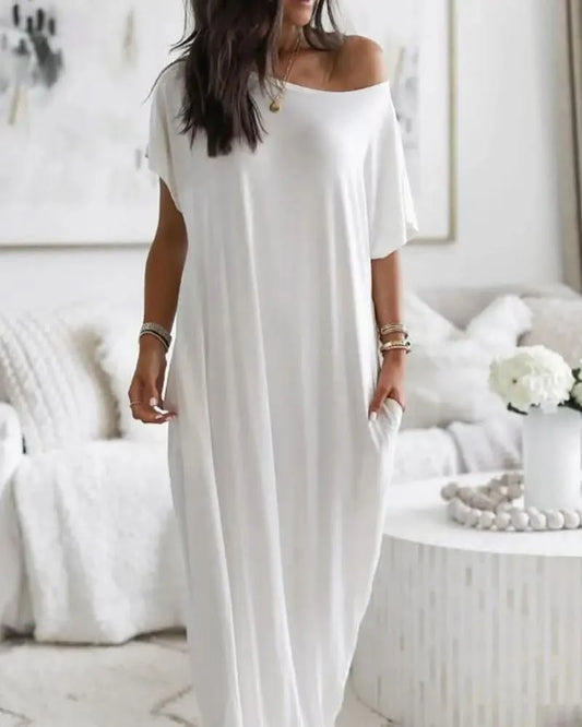 Summer Home Long Dress Comfortable Casual Sexy One-shoulder Bat-sleeve Dress Women's Short-sleeved Long Dress - M & M Global