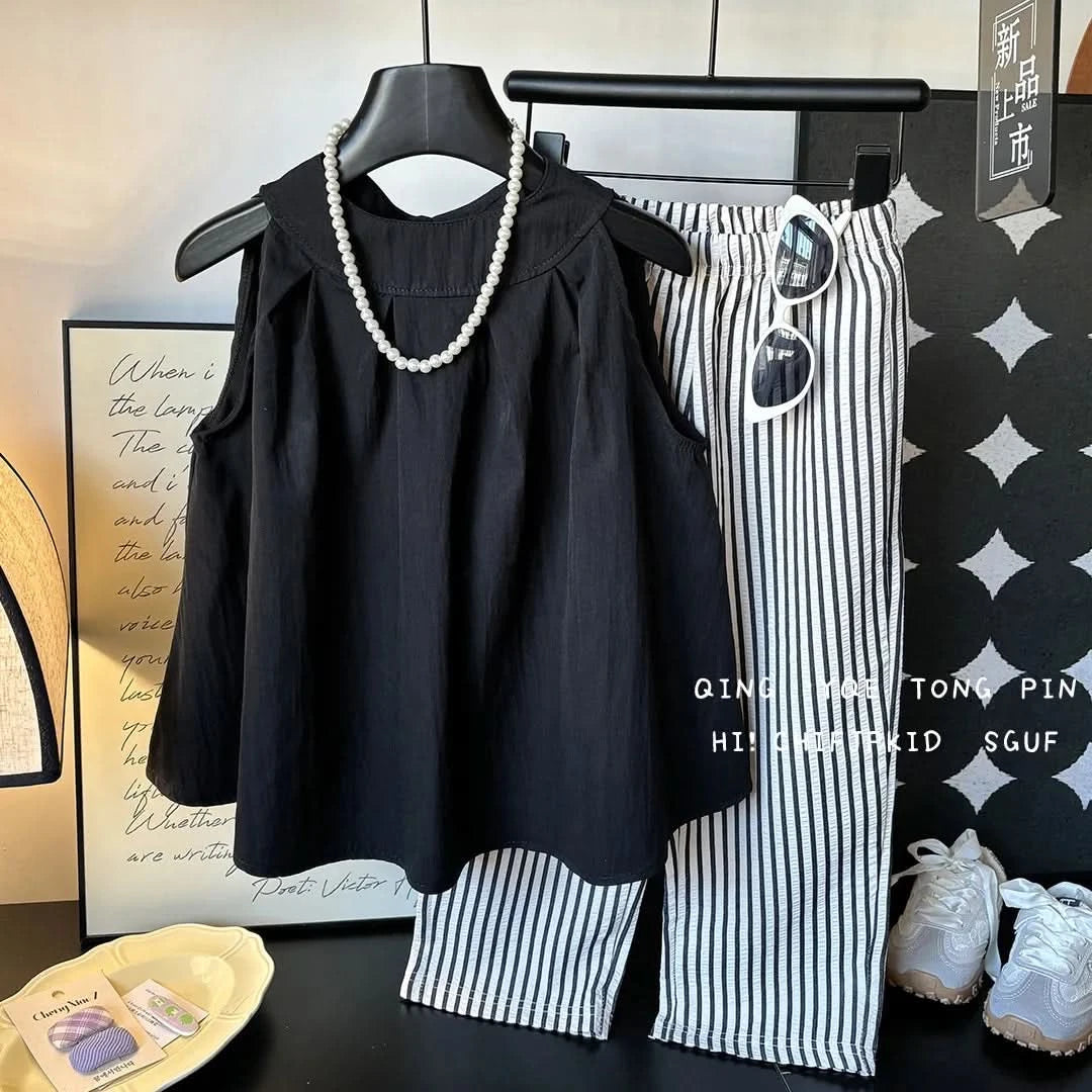 2PCS/set Vest+Striped Wide Leg Pants Summer Daily Simple Sleeveless Children's Clothing For 1 to 8 Years Old - M & M Global