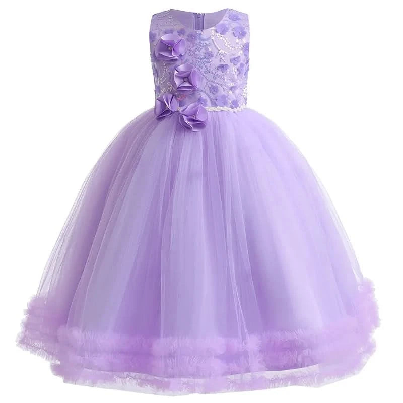 Girls' Sequin Pearl Princess Dress 5-14 Years Old Flower Decal Sleeveless Temperament Long Dress Halloween Banquet Fashion Dress - M & M Global