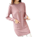 Solid Long Sweater Women Clothing 2025 New Korean Pocket Knit Sweater Dress Casual Warm Loose O neck Long sleeve Ladies Pullover
